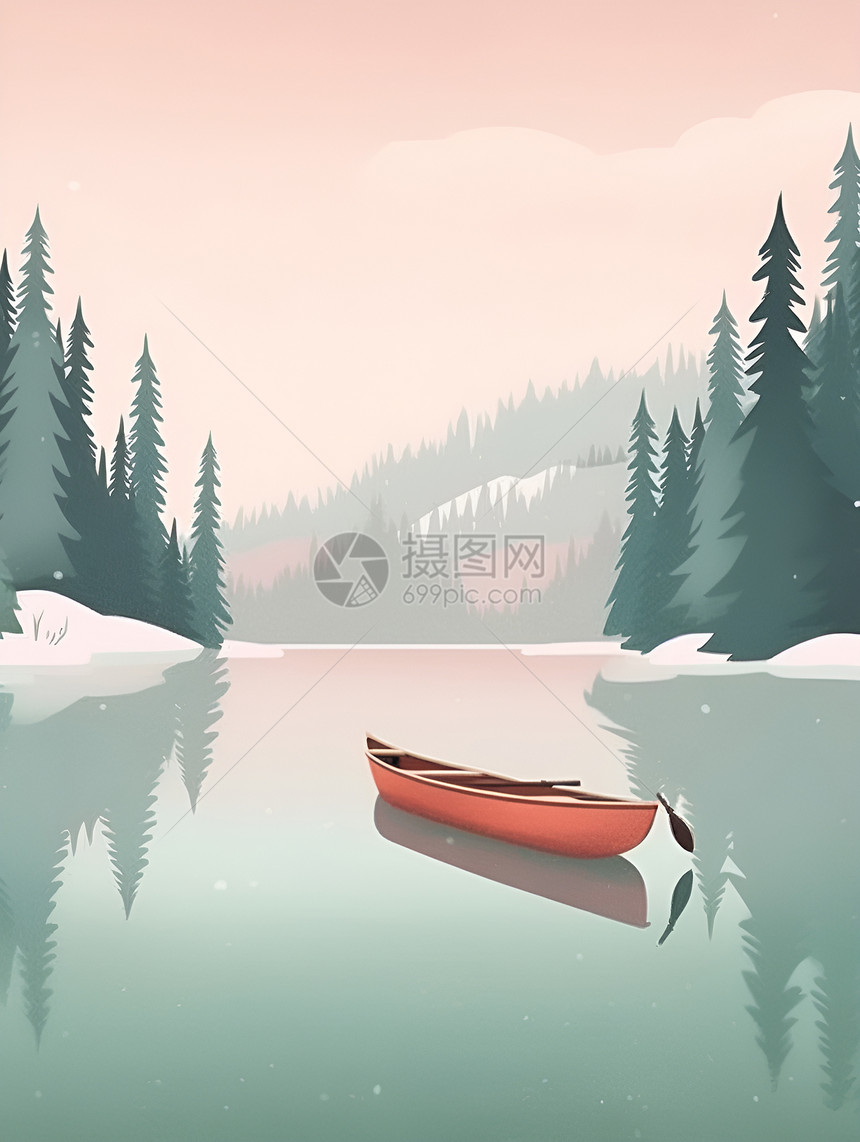 冬日湖畔一艘孤独的划艇徐徐行进图片