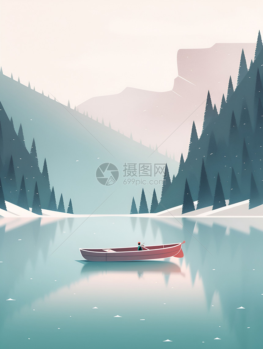 冬日宁静之湖孤舟漂浮图片