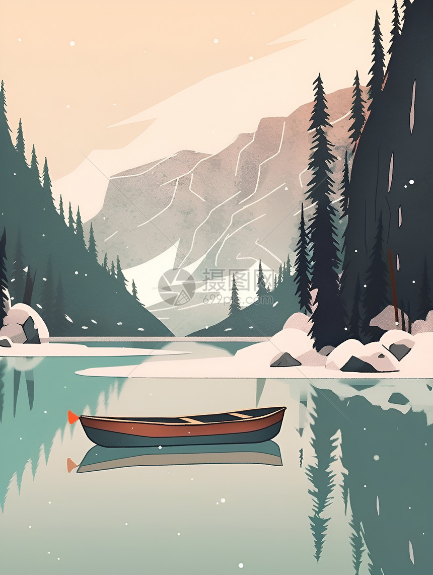 一只孤独的独木舟在宁静的湖水上图片