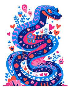 蛇类蓝色爱心蛇插画