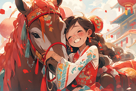 马儿旁的小女孩背景图片