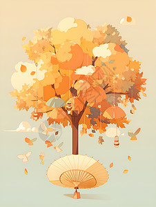 秋天树下的扇子背景图片