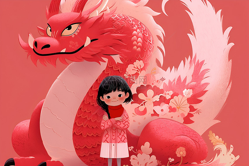 小女孩和红色中国龙图片