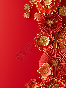 红色花与纸扇背景图片