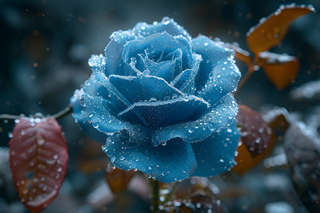 蓝色水珠背景破碎的冰蓝色玫瑰插画