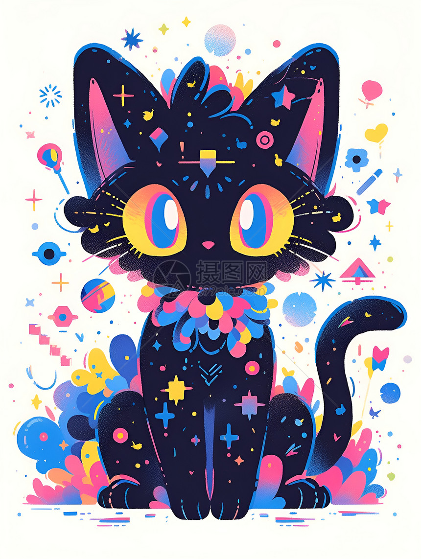 彩色涂鸦快乐黑猫图片