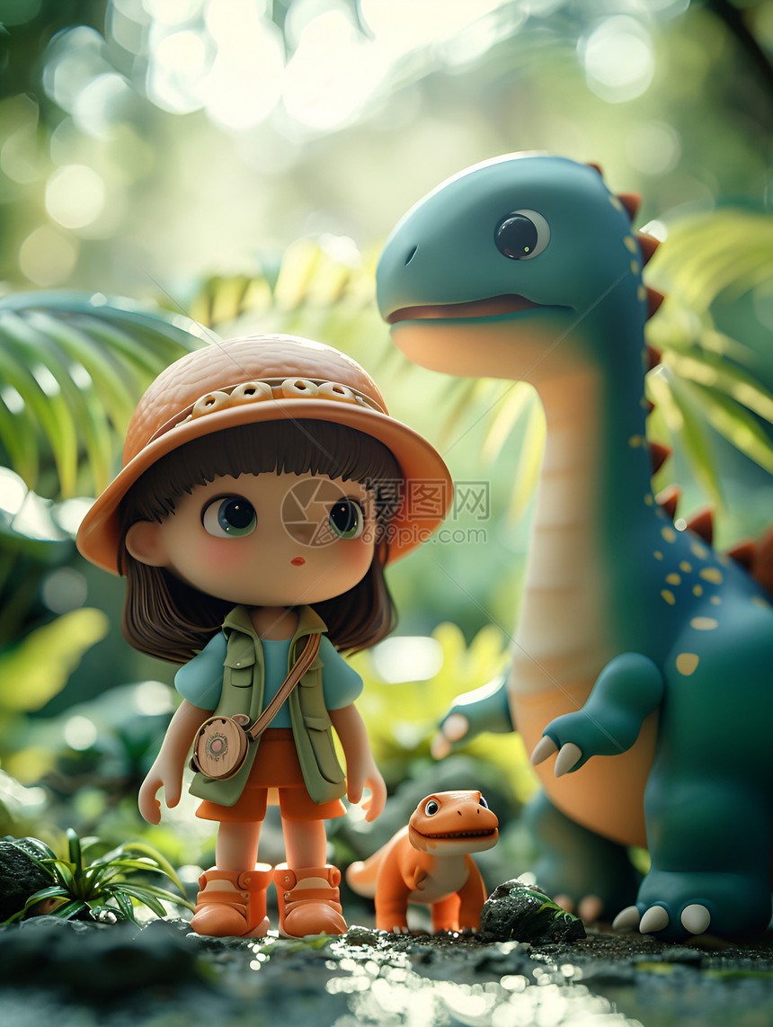 热带岛屿上的女孩和恐龙玩具图片