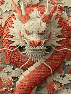 中国雕刻红白龙插画背景插画
