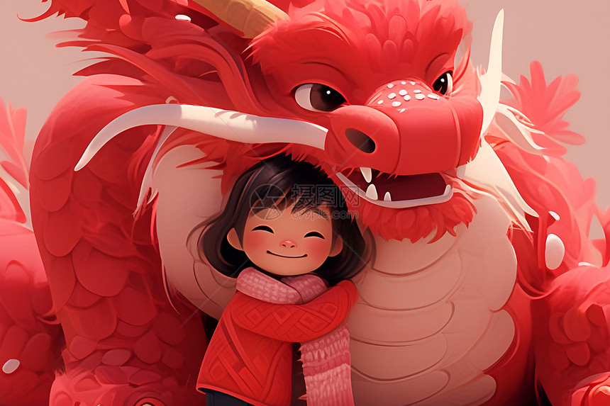 小女孩和红色中国龙的温馨拥抱图片