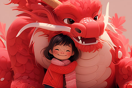 小女孩和红色中国龙的温馨拥抱背景图片