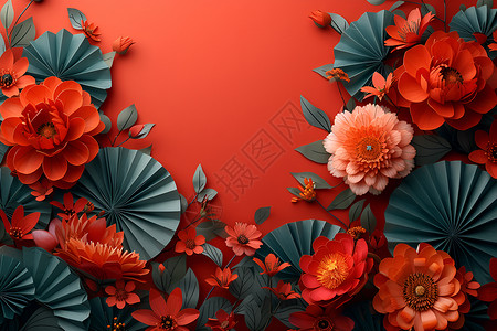 红色墙壁上的纸扇花朵　背景图片