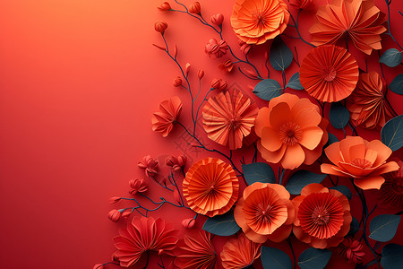 红色背景中的纸质花朵背景图片