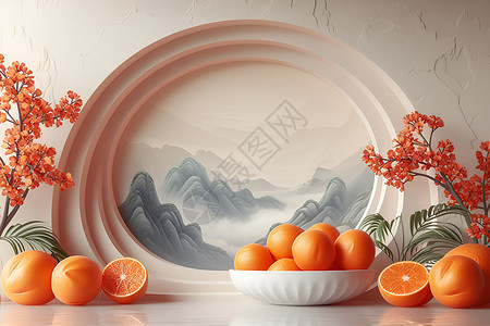 山水画和橙子背景图片