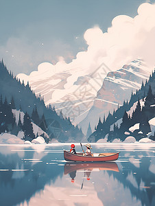湖的孤独寂静冬日的湖面上一只孤独的独木舟插画
