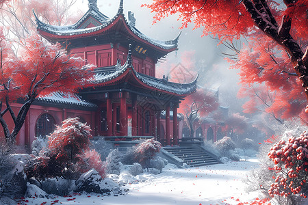 建筑屋檐雪中红墙红树伴随插画
