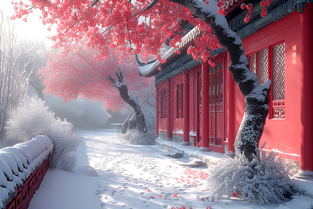 雪中红墙雪景下的宫殿背景图片