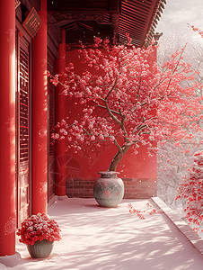 建筑屋檐古雅之美红墙白雪插画
