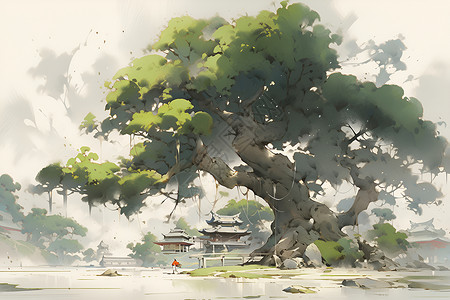 夏日湖畔的巨树插画