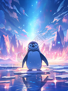 极光下的迷人发光小企鹅背景图片