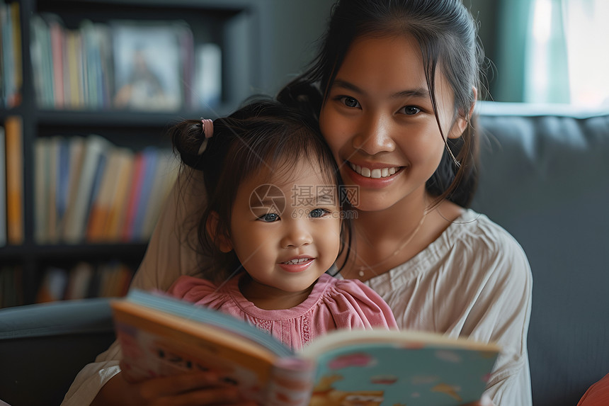 幸福亚洲母女阅读时光图片