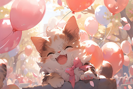 开心的猫咪和气球高清图片
