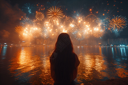 海边烟花素材烟花下的女孩背景