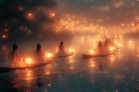 河中的许愿灯背景图片