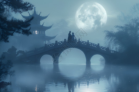 月下古桥背景图片