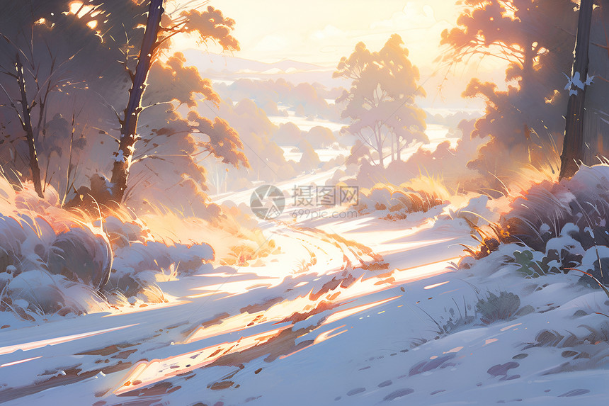 阳光照耀下的林间雪路图片