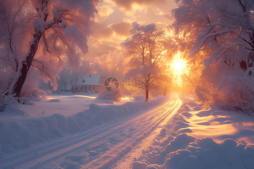 夕阳下的雪景图片