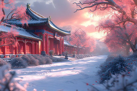 冬日梅花庭院背景图片