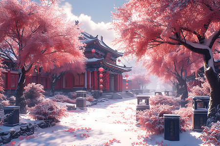 中国宫殿的雪景背景图片