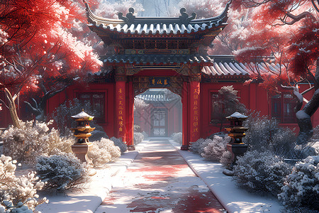宫殿中的雪景红墙背景图片