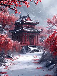 中国古典园林建筑风景寒雪中的红楼插画