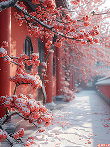 中国古典园林建筑风景中国宫殿下的雪景红墙插画