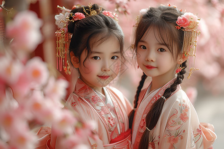 两位少女身着传统女孩背景图片