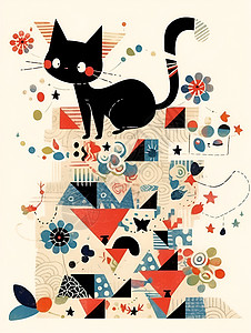 设计的黑色小猫插画背景图片