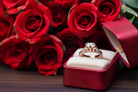 红玫瑰和戒指背景图片