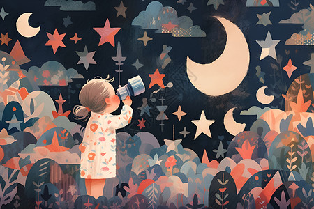 小女孩用望远镜看月亮背景图片