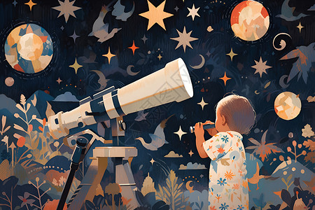 小朋友透过望远镜凝视月亮背景图片
