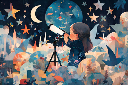 星星眼探究夜空的小女孩插画