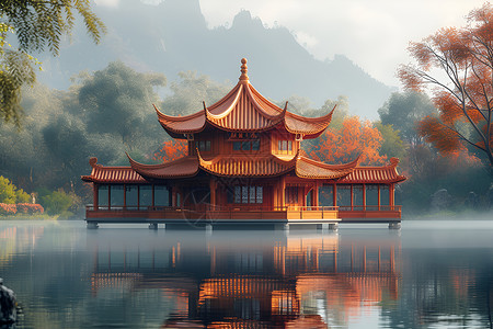 中式亭子飘浮在水面上背景图片