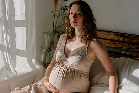 孕妇坐在床上背景图片