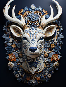艺术瓷砖鹿头面具与花卉艺术插画
