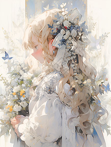 花蝴蝶仙境中的少女背景图片