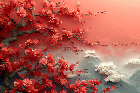 美丽的红色花朵树枝背景图片