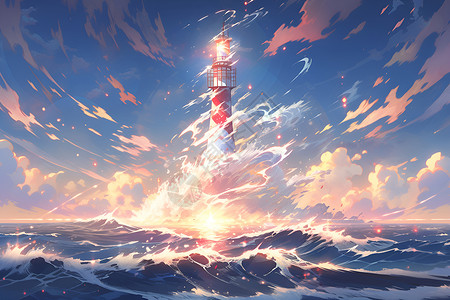 插画的大海灯塔背景图片