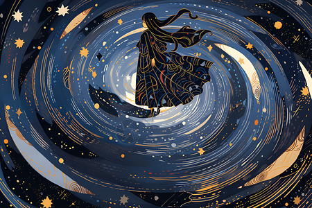 八角星漂浮特效星空中漂浮的女人插画