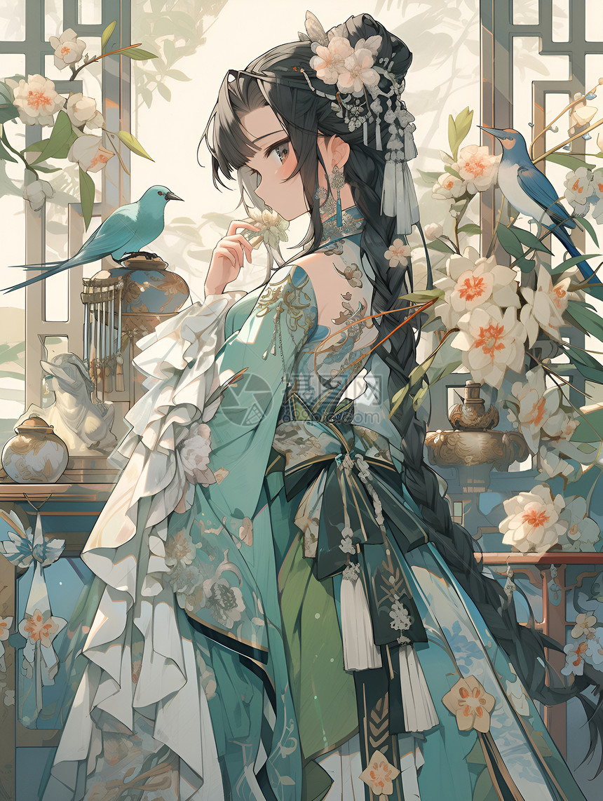 绚丽花鸟和少女插画图片