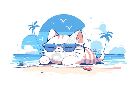墨镜猫海滩上一只猫插画